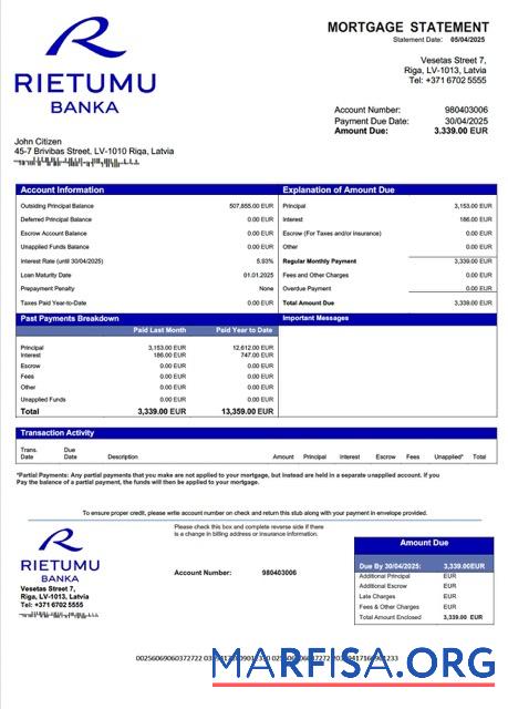 Realistic Latvia Rietumu Banka mortgage statement Word and PDF template